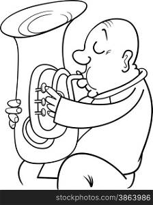 Black and White Cartoon Illustration of Trumpeter Musician Playing the Tuba Wind Instrument for Coloring Book