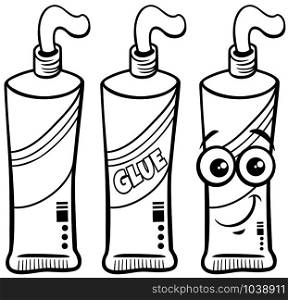 Black and White Cartoon Illustration of Tube of Glue Object and Character Clip Art Coloring Book Page