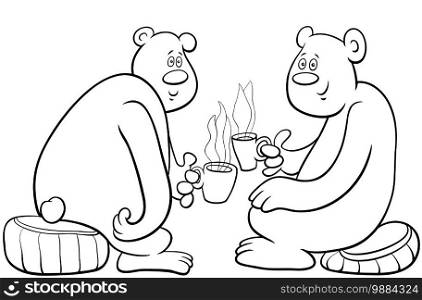 Black and white cartoon illustration of two bears comic animal characters drinking tea coloring book page
