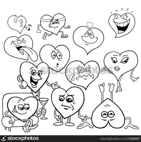 Black and White Cartoon Illustration of Valentines Day Hearts Characters Group Coloring Book