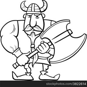 Black and White Cartoon Illustration of Viking or Knight with Axe for Coloring Book