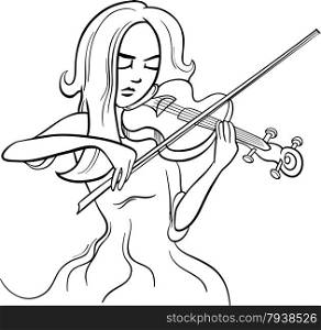 Black and White Cartoon Illustration of Violinist Woman or Beautiful Girl Playing the Violin Instrument