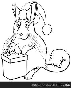 Black and white cartoon illustration of viscacha animal character with present on Christmas time coloring book page