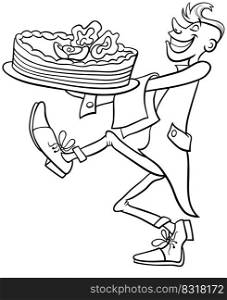 Black and white cartoon illustration of waiter serving a big cake coloring page