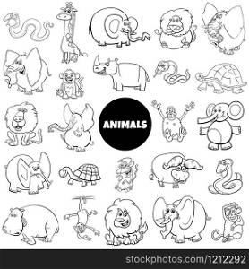 Black and White Cartoon Illustration of Wild African Animal Characters Large Set Coloring Book Page