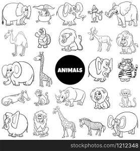 Black and White Cartoon Illustration of Wild Animal Characters Large Set Coloring Book Page