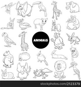Black and white cartoon illustration of wild animal species characters big set