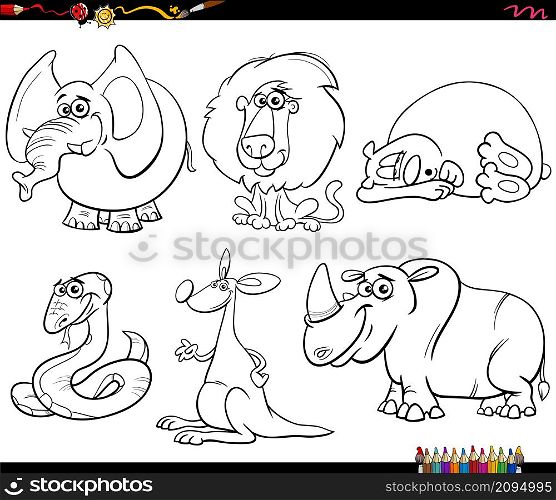 Black and white cartoon illustration of wild animals comic characters set coloring book page