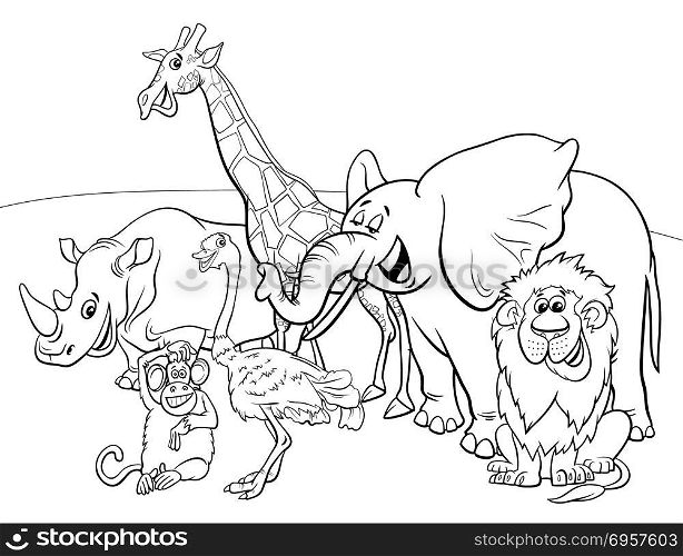 Black and White Cartoon Illustration of Wild Safari Animal Characters Group Coloring Book. cartoon safari animal characters coloring book