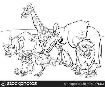 Black and White Cartoon Illustration of Wild Safari Animal Characters Group Coloring Book. cartoon safari animal characters coloring book