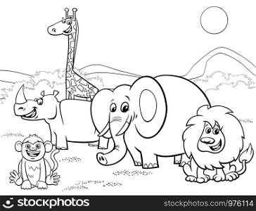 Black and White Cartoon Illustration of Wild Safari Animals Comic Characters Group Coloring Book Page