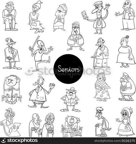 Black and White Cartoon Illustration of Women and Men Senior Characters Large Set Coloring Book