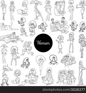 Black and White Cartoon Illustration of Women Characters Huge Set Coloring Book
