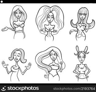 Black and white cartoon illustration of women characters set coloring book page