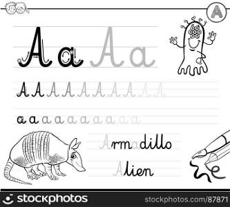 Black and White Cartoon Illustration of Writing Skills Practice with Letter A Worksheet for Preschool and Elementary Age Children Coloring Book