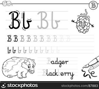 Black and White Cartoon Illustration of Writing Skills Practice with Letter B Worksheet for Preschool and Elementary Age Children Coloring Book