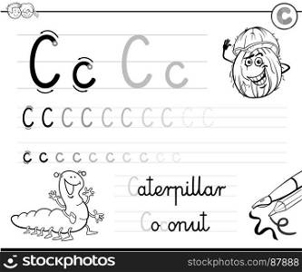 Black and White Cartoon Illustration of Writing Skills Practice with Letter C Worksheet for Preschool and Elementary Age Children Coloring Book