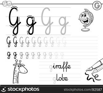 Black and White Cartoon Illustration of Writing Skills Practice with Letter G Worksheet for Preschool and Elementary Age Children Coloring Book
