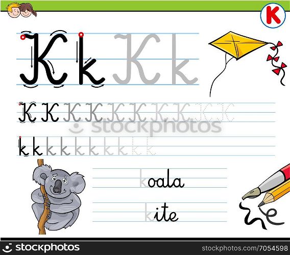 Black and White Cartoon Illustration of Writing Skills Practice with Letter K Worksheet for Preschool and Elementary Age Children Coloring Book