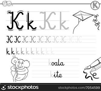 Black and White Cartoon Illustration of Writing Skills Practice with Letter K Worksheet for Children Coloring Book