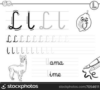 Black and White Cartoon Illustration of Writing Skills Practice with Letter L Worksheet for Preschool and Elementary Age Children Coloring Book