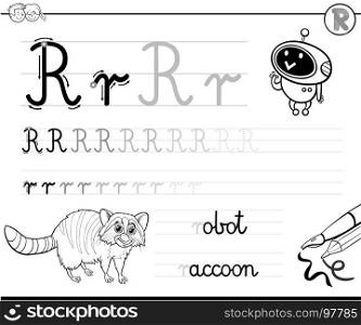 Black and White Cartoon Illustration of Writing Skills Practice with Letter R Worksheet for Preschool and Elementary Age Children Coloring Book
