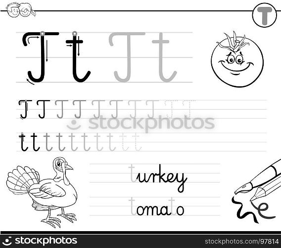 Black and White Cartoon Illustration of Writing Skills Practice with Letter T Worksheet for Preschool and Elementary Age Children Coloring Book