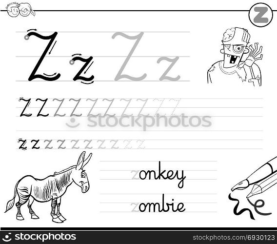 Black and White Cartoon Illustration of Writing Skills Practice with Letter Z Worksheet for Preschool and Elementary Age Children Coloring Book