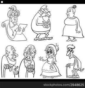 Black and White Cartoon Illustration Set of Elder Men and Women Seniors for Coloring Book