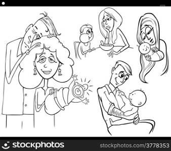 Black and White Cartoon Illustration Set of Parents with Children and Babies for Coloring Book