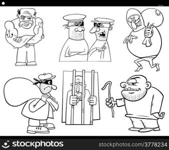 Black and White Cartoon Illustration Set of Thieves and Ruffians or Thugs Bad Guys Characters for Coloring Book