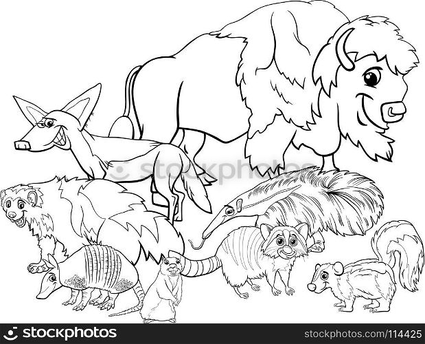 Black and White Cartoon Illustrations of American Animal Characters Group Coloring Book
