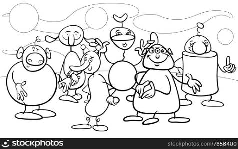 Black and White Cartoon Illustrations of Fantasy Funny Characters or Aliens Group for Coloring Book