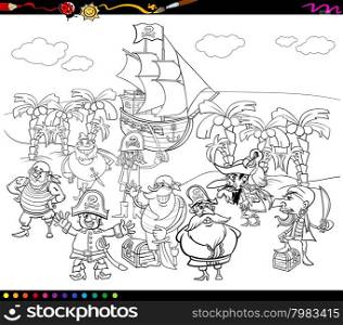 Black and White Cartoon Illustrations of Fantasy Pirate Characters on Treasure Island for Coloring Book