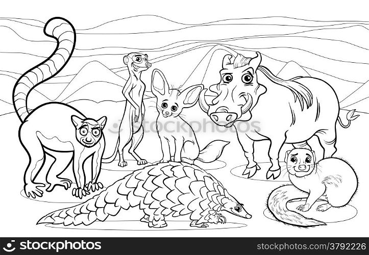 Black and White Cartoon Illustrations of Funny African Mammals Animals Mascot Characters Group for Coloring Book