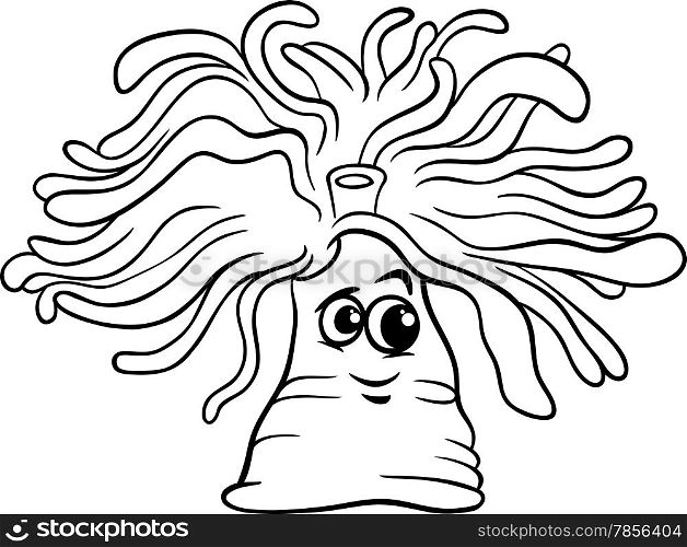 Black and White Cartoon Illustrations of Funny Anemone Sea Life Animal Character for Coloring Book