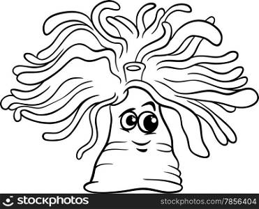 Black and White Cartoon Illustrations of Funny Anemone Sea Life Animal Character for Coloring Book