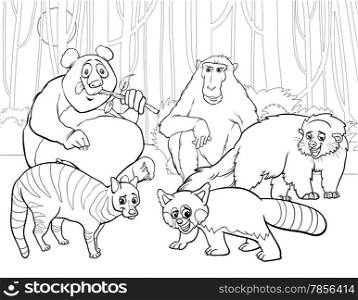 Black and White Cartoon Illustrations of Funny Asian Mammals Animals Characters Group for Coloring Book