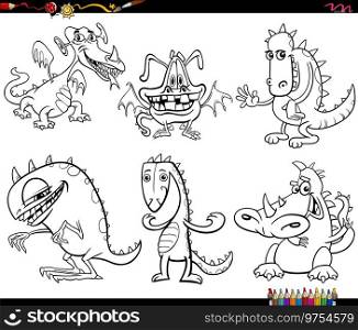 Black and white cartoon illustrations of funny dragons fantasy animal characters set coloring page
