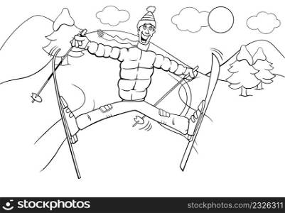 Black and white cartoon illustrations of funny man character skiing on winter time coloring book page