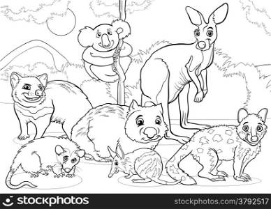 Black and White Cartoon Illustrations of Funny Marsupials Mammals Animals Mascot Characters Group for Coloring Book