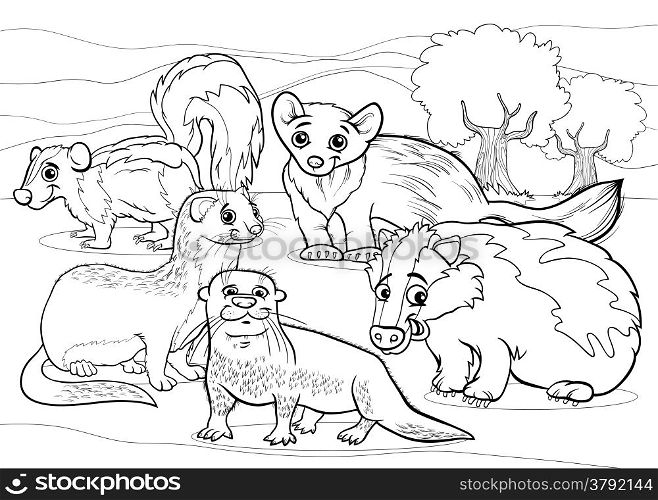 Black and White Cartoon Illustrations of Funny Mustelids Mammals Animals Mascot Characters Group for Coloring Book