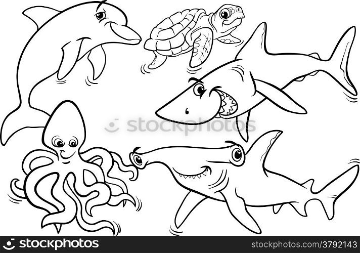 Black and White Cartoon Illustrations of Funny Sea Life Animals and Fish Mascot Characters Group for Coloring Book