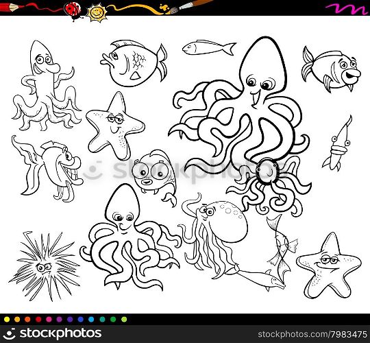 Black and White Cartoon Illustrations of Funny Sea Life Animals and Fish Characters Group for Coloring Book