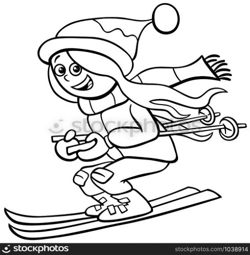 Black and White Cartoon Illustrations of Kid or Teen Girl Character on Ski on Winter Time Coloring Book Page