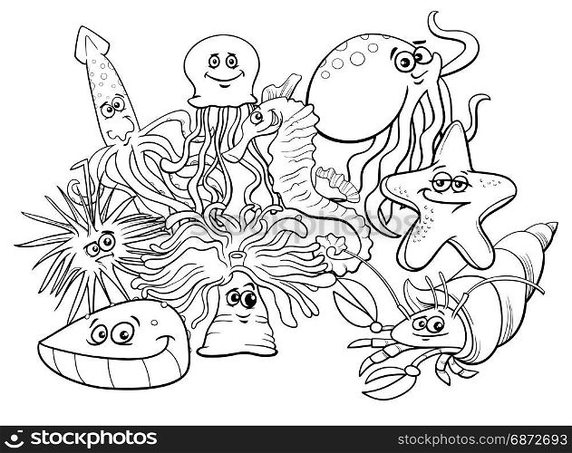 Black and White Cartoon Illustrations of Sea Life Animal Characters Group Coloring Book