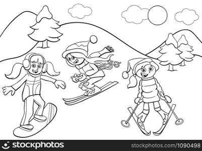 Black and White Cartoon Illustrations of Snowboarding and Skiing Girls Characters on Winter Time Coloring Book Page
