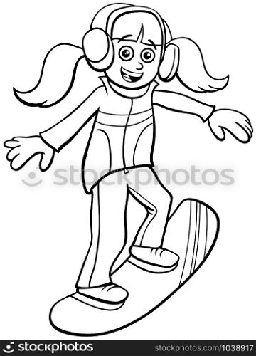 Black and White Cartoon Illustrations of Snowboarding Kid or Teen Girl Character on Winter Time Coloring Book Page