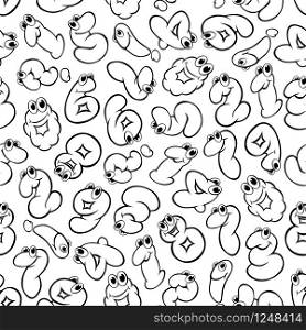 Black and white cartoon numbers characters background with sketchy seamless pattern of bubble digits, question and exclamation marks with smiling faces. May be use as childish room interior or book flyleaf design