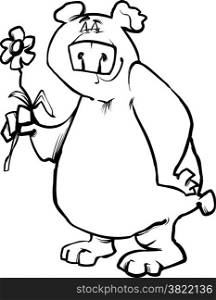 Black and White Cartoon Sketch Illustration of Funny Wild Bear with Flower for Coloring Book